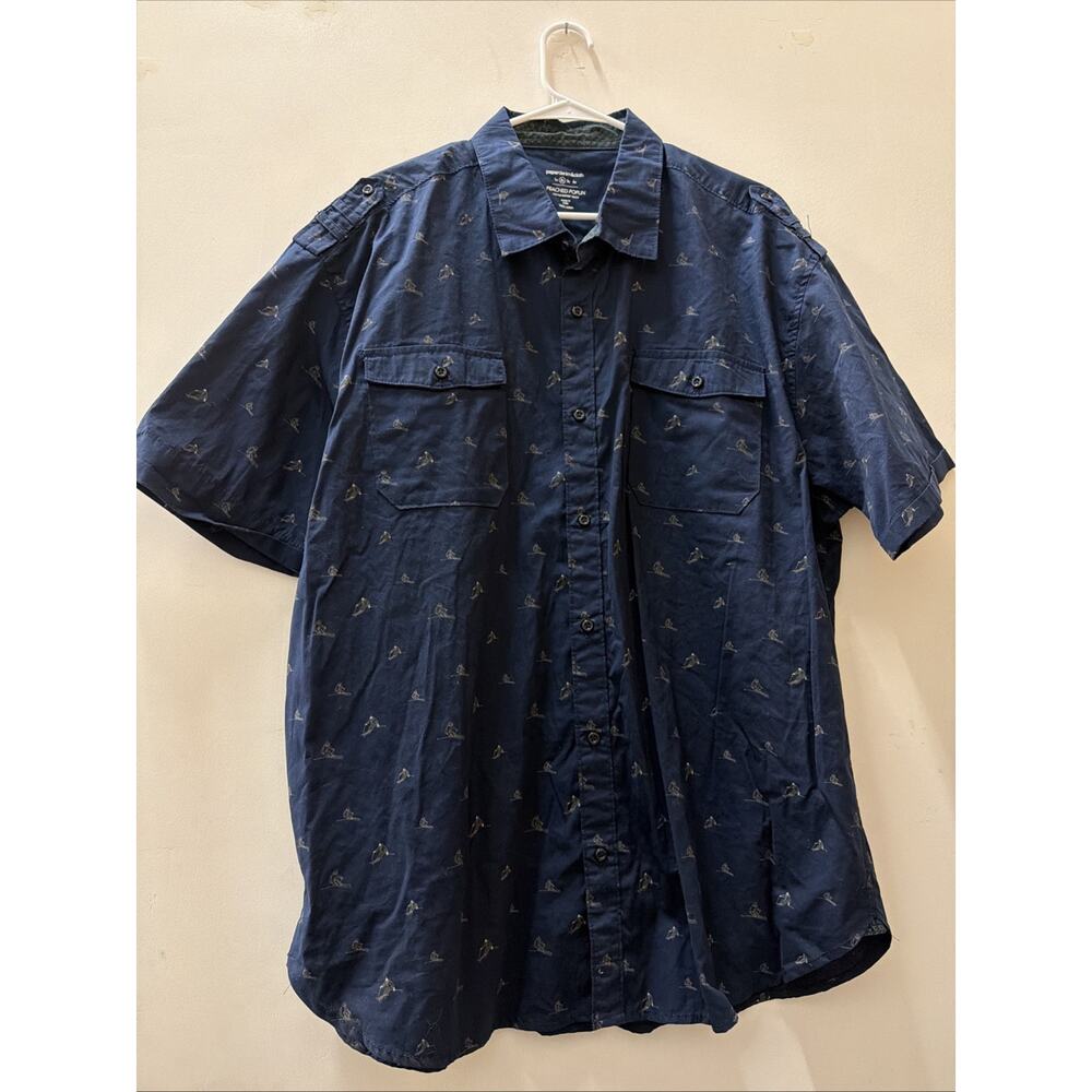 Paper Denim & Cloth Shirt Men's Navy Short Sleeve Poplin Bear Print Casual 2x